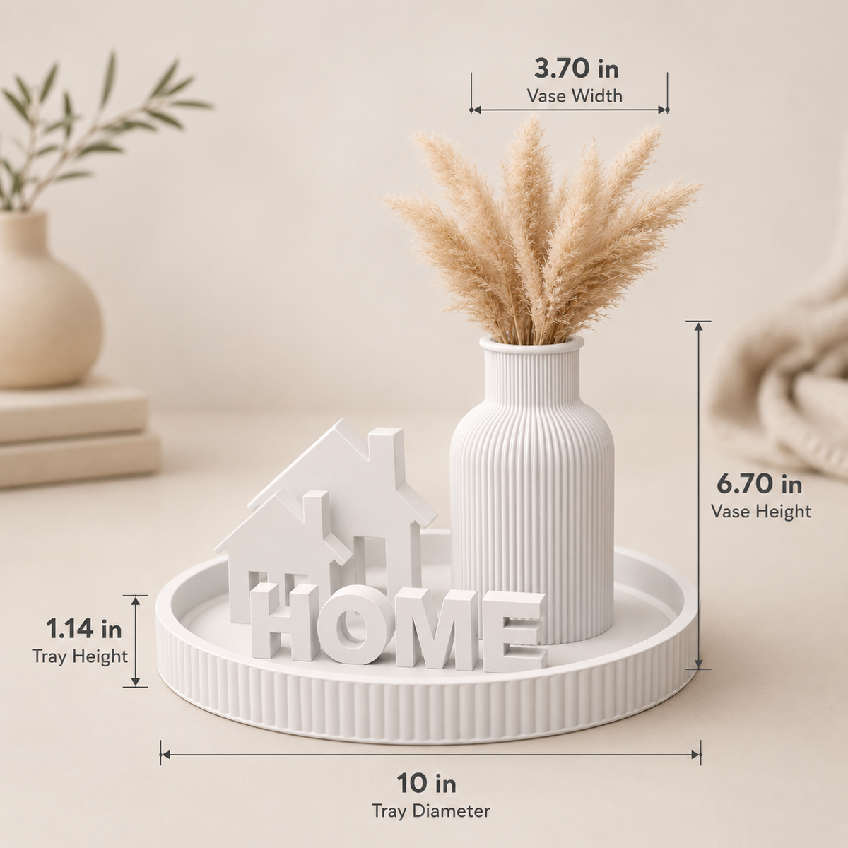 HOME Decorative Centerpiece Tray dimensions - 10 in tray diameter, 1.14 in tray height, 6.7 in vase height, 3.7 in vase width