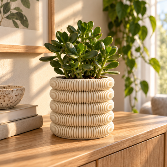Coin Stack Planter in Jade White holding a jade plant on an oak sideboard