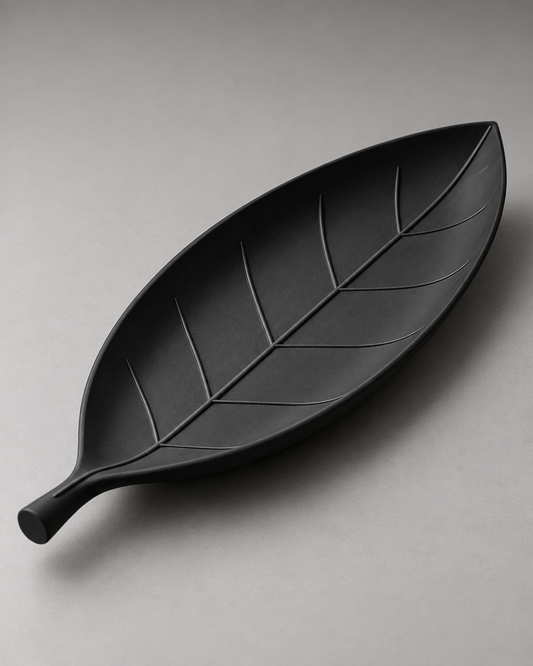 DiyArts Leaf Catch-All Tray in Matte Black, leaf-shaped dish with sculpted veins, studio product shot