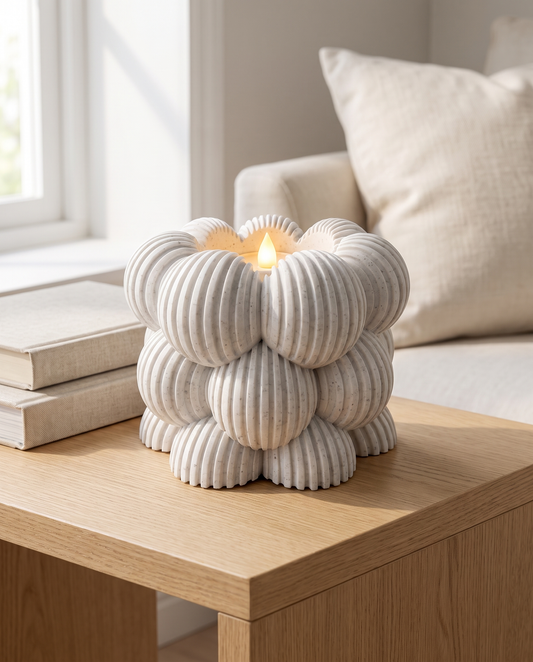 White Marble Vertical Ribbed bubble tealight candle holder glowing on an oak table in a bright living room