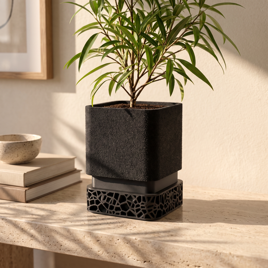 Voronoi Square Planter in Matte Black holding a small ficus on a travertine console