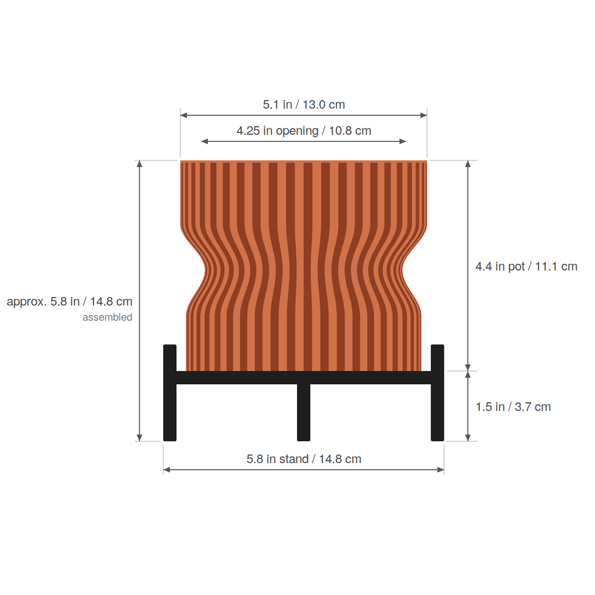 Waisted Fluted Planter dimensions - 5.1 inch pot, 4.25 inch opening, 4.4 inch pot height, 5.8 inch stand, about 5.8 inches tall assembled