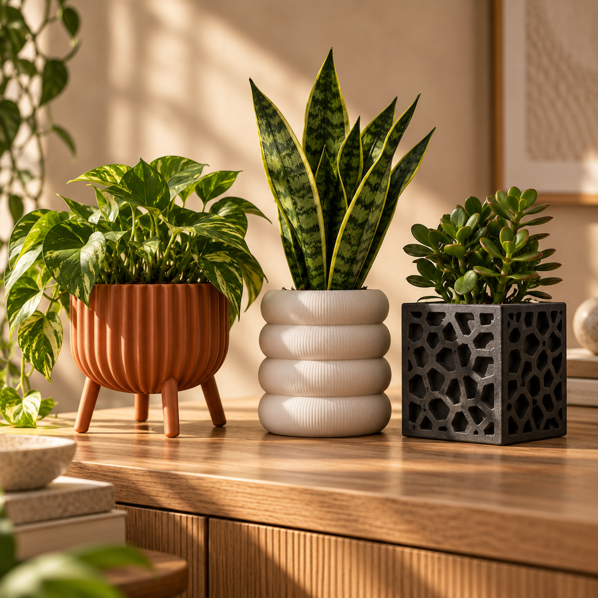 DiyArts 3D printed planters collection: ribbed terracotta planter with legs, jade white coin stack planter and black geometric cube planter with drip trays, each with a small green plant, on an oak surface