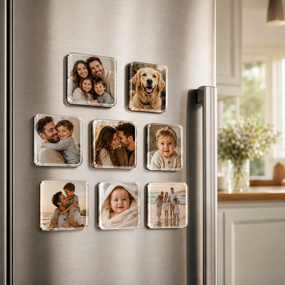 custom acrylic photo magnets on refrigerator