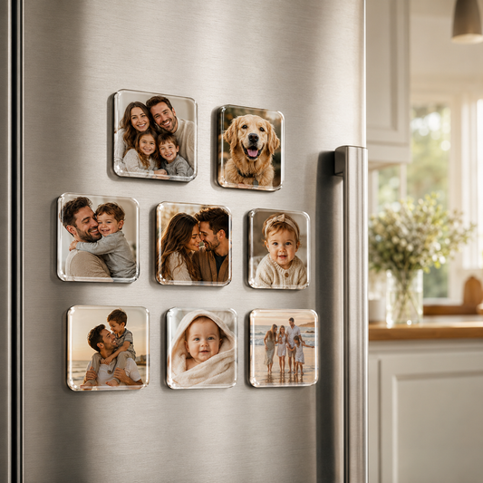 custom acrylic photo magnets on refrigerator