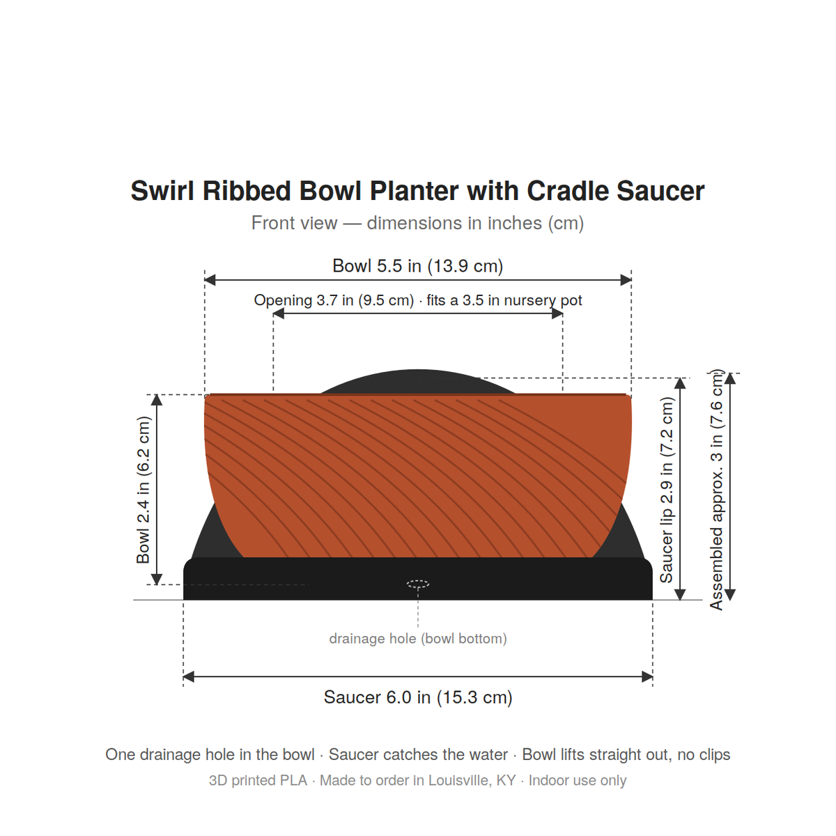 Swirl Ribbed Bowl Planter with Cradle Saucer dimensions diagram: bowl 5.5 in wide, saucer 6 in wide, about 3 in tall assembled, 3.7 in opening