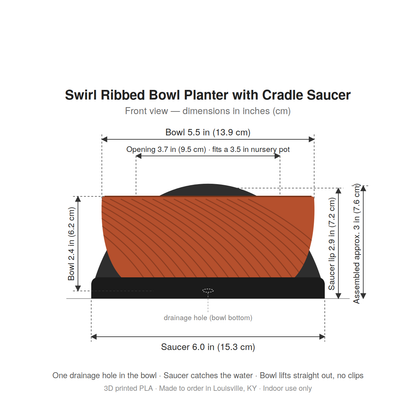 Swirl Ribbed Bowl Planter with Cradle Saucer dimensions diagram: bowl 5.5 in wide, saucer 6 in wide, about 3 in tall assembled, 3.7 in opening