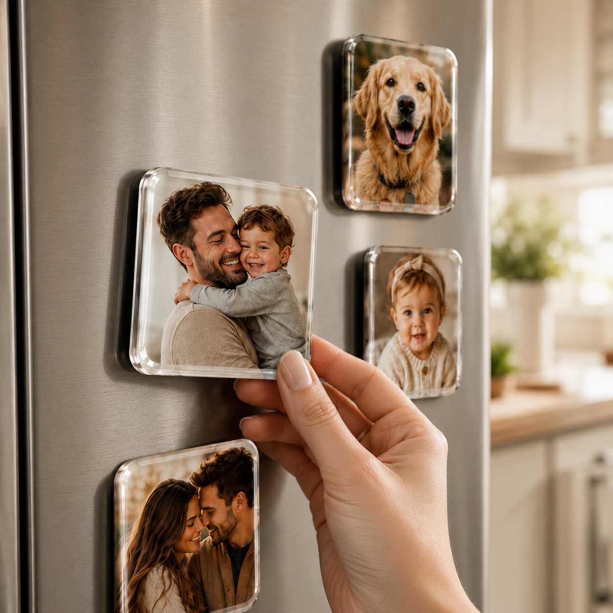 personalized fridge magnet being placed by hand