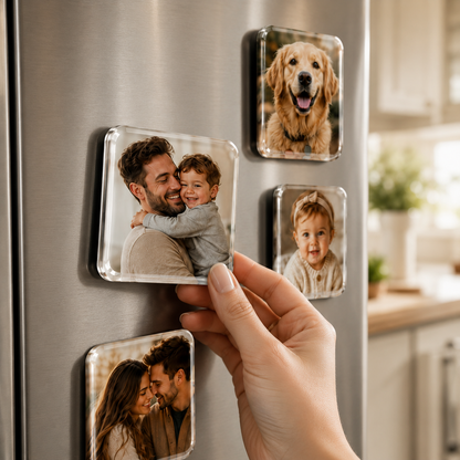 personalized fridge magnet being placed by hand