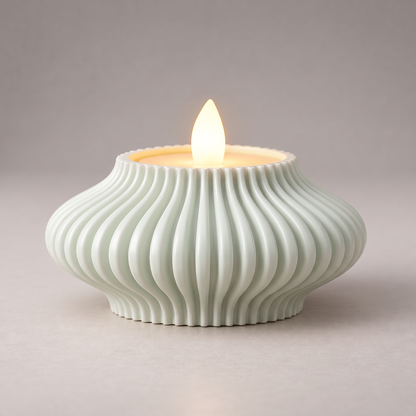 DiyArts Fluted Tealight Candle Holder in Jade White, sculptural ribbed fins with an LED tealight, studio product shot