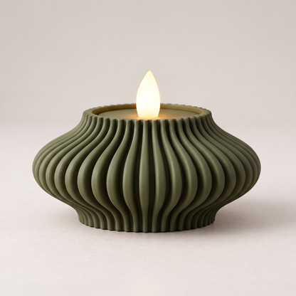 DiyArts Fluted Tealight Candle Holder in Moss Green, sculptural ribbed fins with an LED tealight, studio product shot