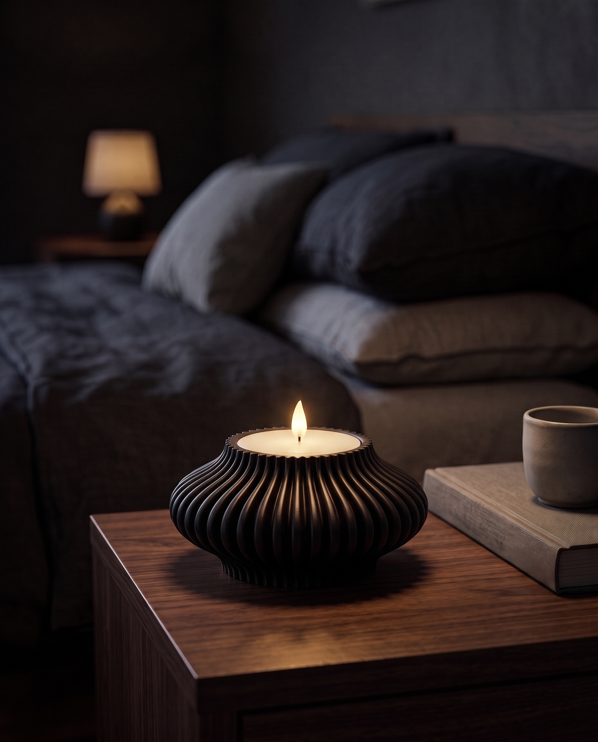 Fluted Tealight Candle Holder in Matte Black glowing softly on a walnut bedside table at night