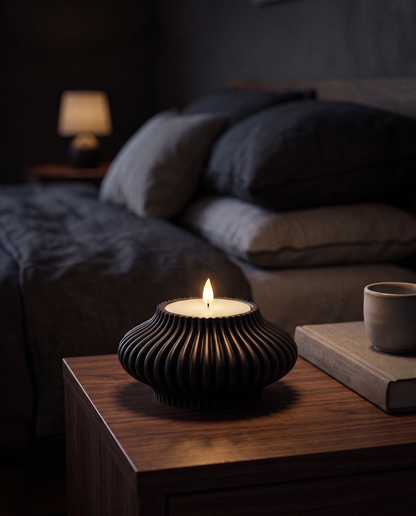 Fluted Tealight Candle Holder in Matte Black glowing softly on a walnut bedside table at night