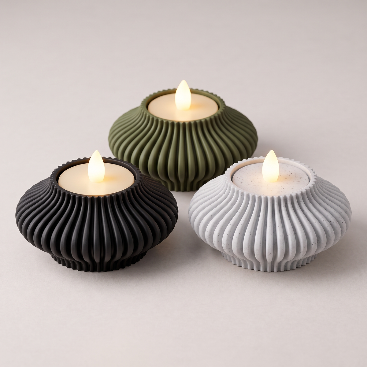 Fluted Tealight Candle Holder in Matte Black, White Marble and Moss Green, studio group shot