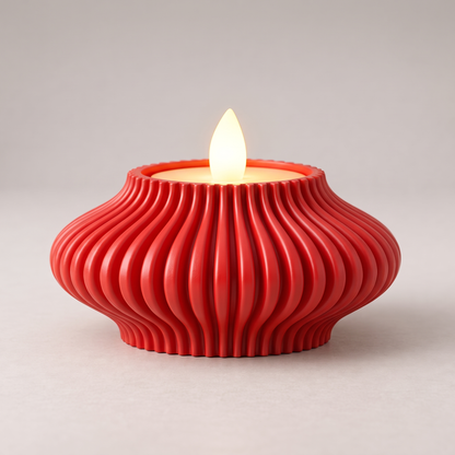 DiyArts Fluted Tealight Candle Holder in Red, sculptural ribbed fins with an LED tealight, studio product shot