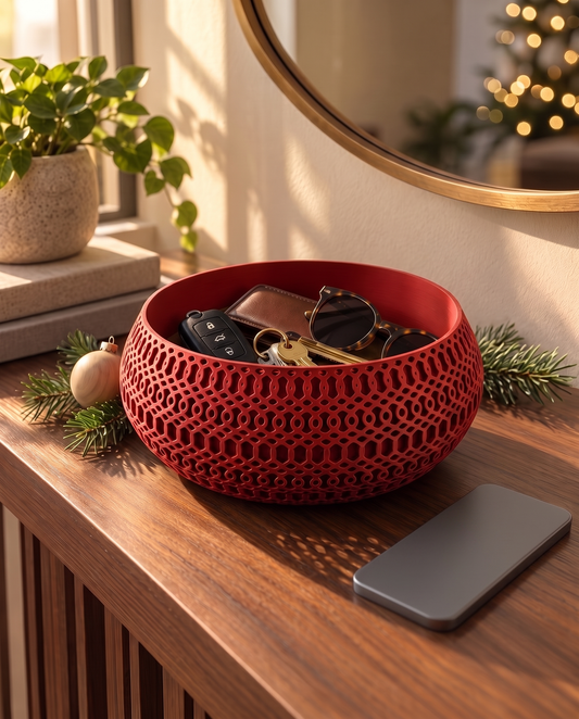Lattice Catch-All Bowl in Red holding keys, a leather wallet and tortoise glasses on a walnut console with a pine sprig and warm holiday lights
