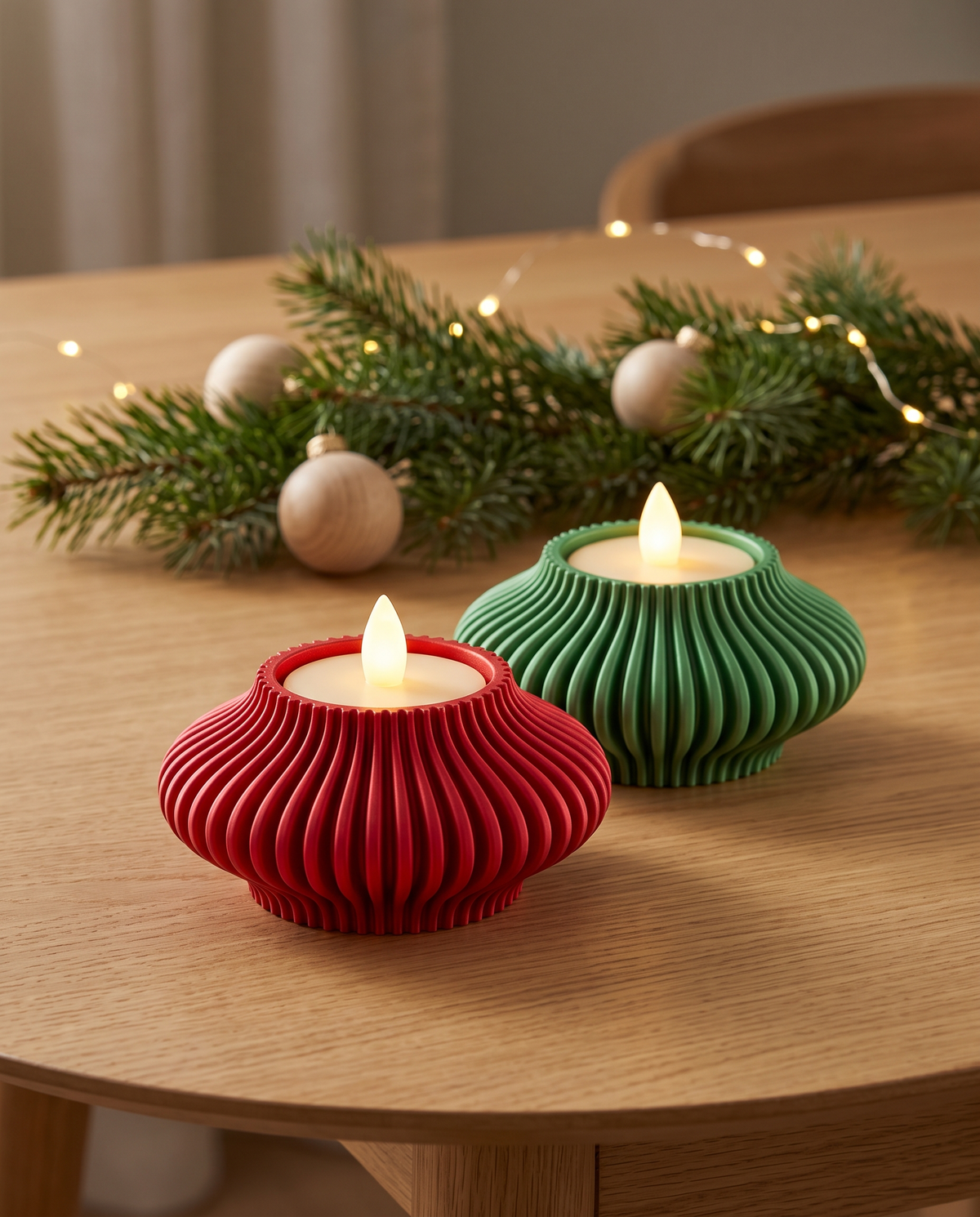 Fluted Tealight Candle Holders in Red and Mistletoe Green on a holiday table with pine and warm lights