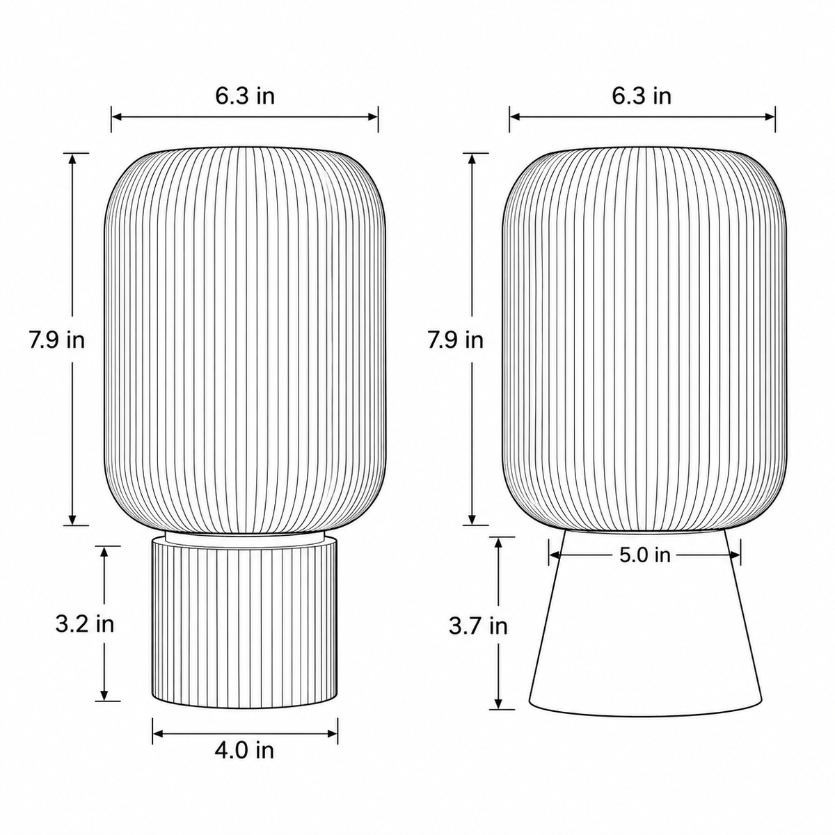 Column Ribbed Table Lamp dimensions - shade 6.3 x 7.9 inches, cylinder base 4.0 x 3.2 inches, cone base 5.0 x 3.7 inches