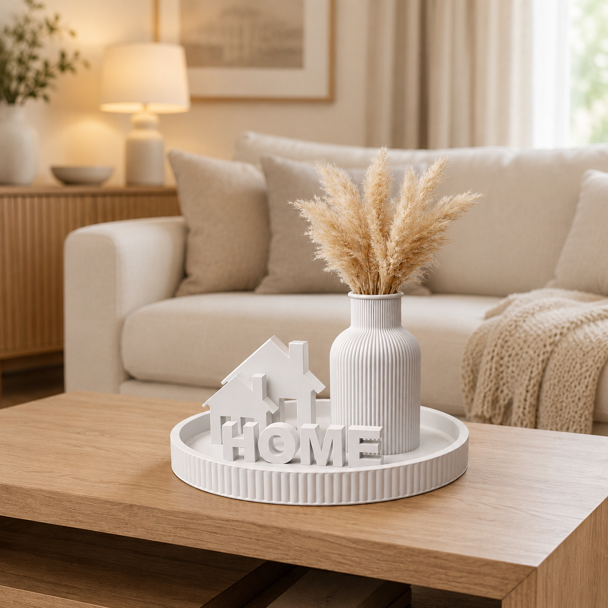 White HOME Decorative Centerpiece Tray with Vase & House Accents | Farmhouse Table Decor