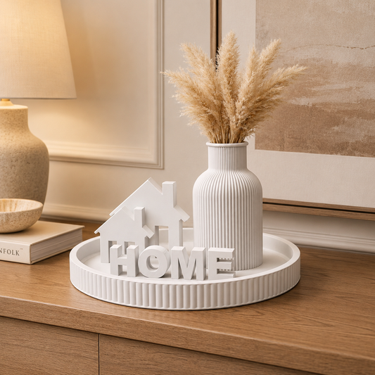 White HOME Decorative Centerpiece Tray with Vase & House Accents | Farmhouse Table Decor