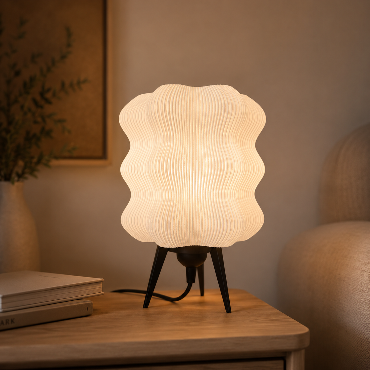 Wave Table Lamp in Matte White glowing on a wooden nightstand