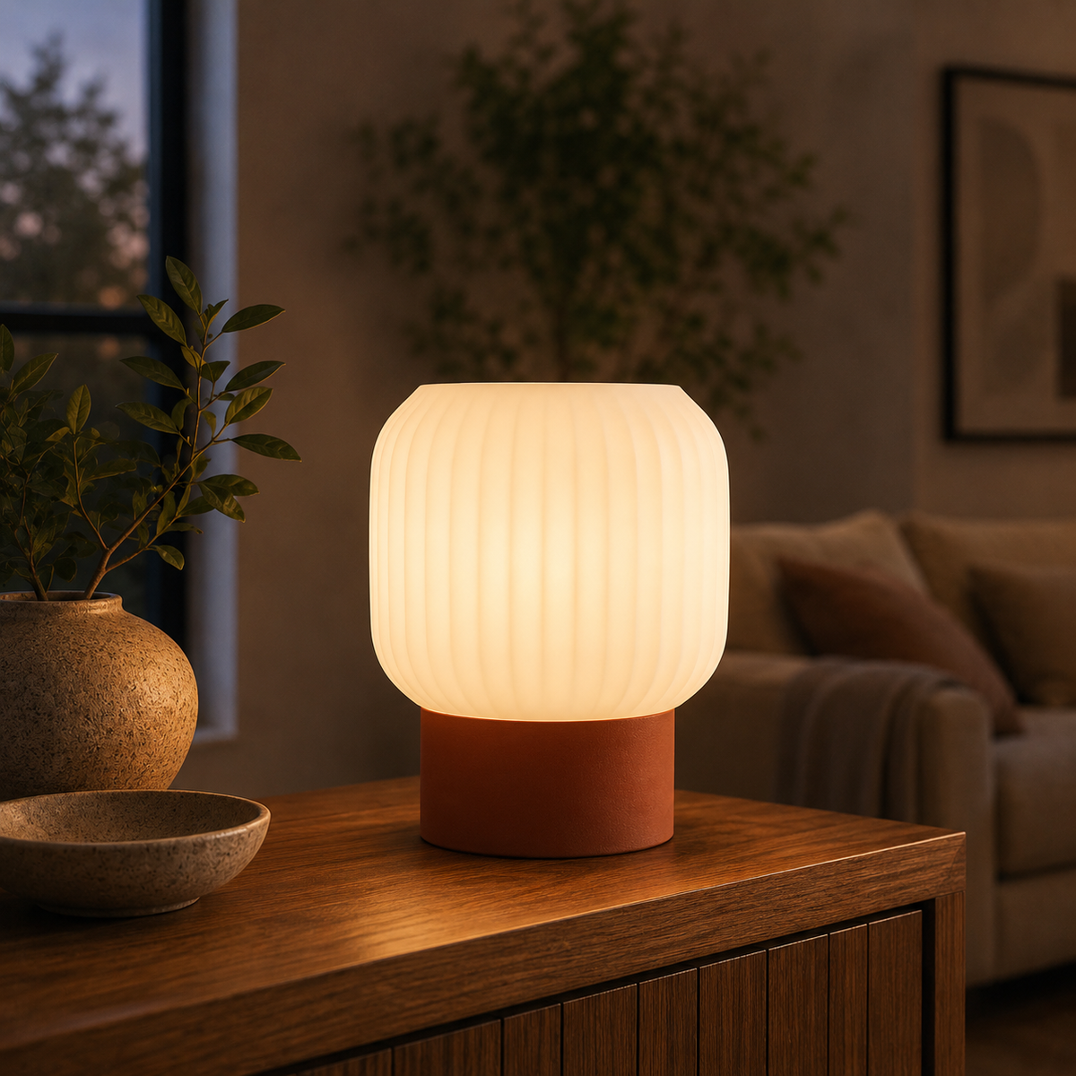 Drum Ribbed Table Lamp in Burnt Rust glowing on a wooden console table