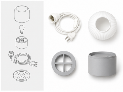 Drum Ribbed Table Lamp components diagram - E27 cord and plug, fluted lamp shade, base insert, and cylindrical base