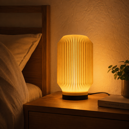 Lantern Ribbed Table Lamp in Amber glowing on a wooden nightstand