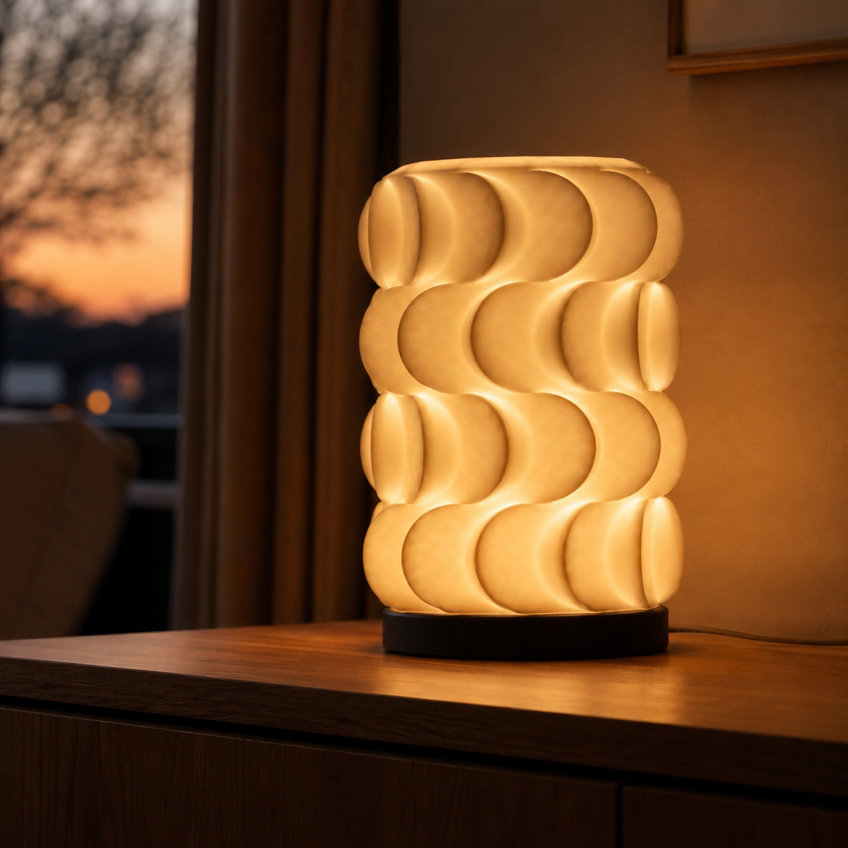 Scallop Table Lamp in Amber glowing on a wooden nightstand