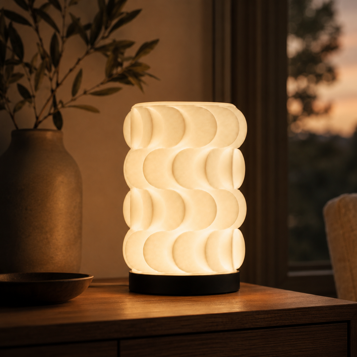 Scallop Table Lamp in Matte White glowing on a nightstand