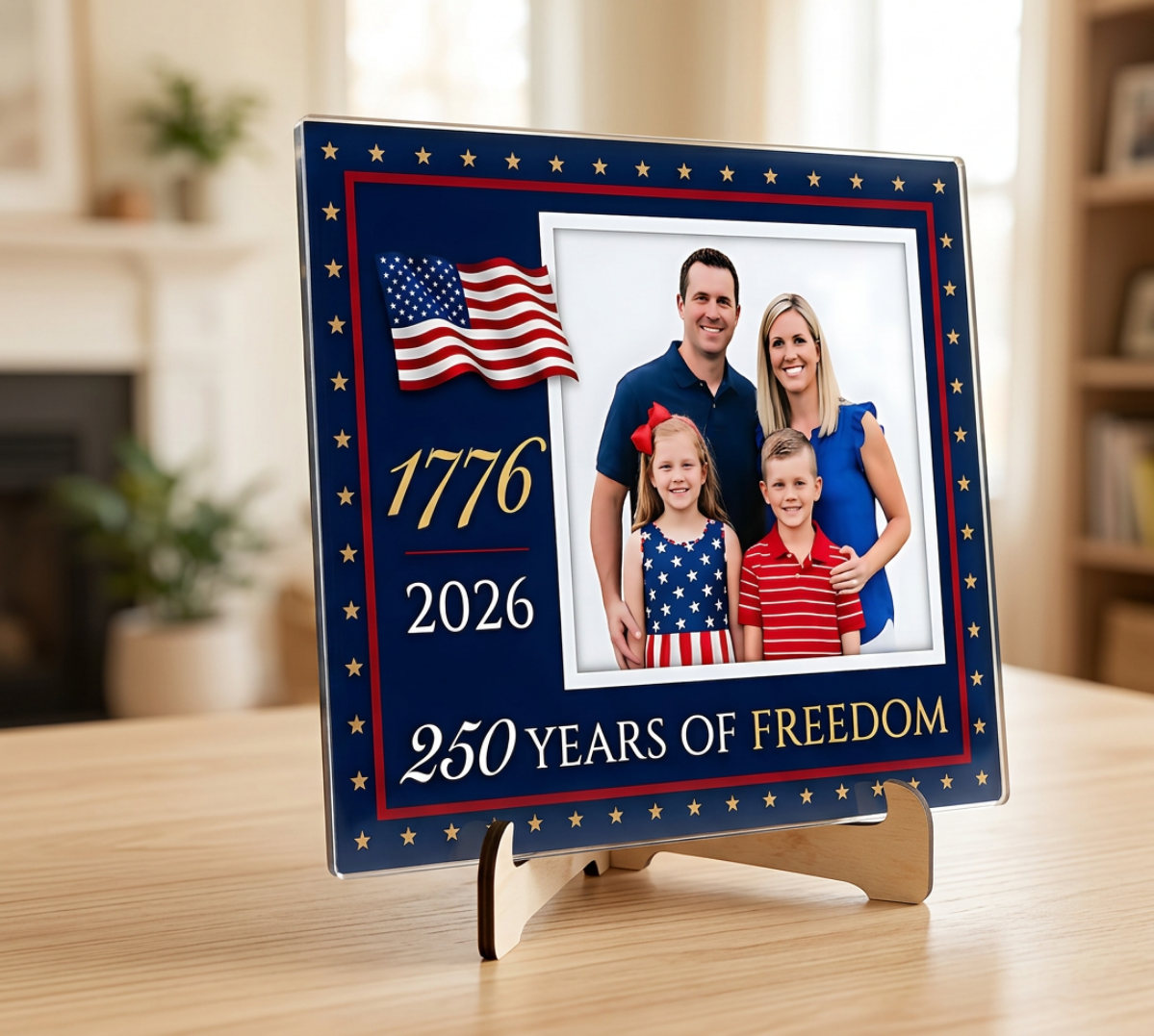 America 250 acrylic photo plaque on a wood display stand - 1776-2026 patriotic keepsake