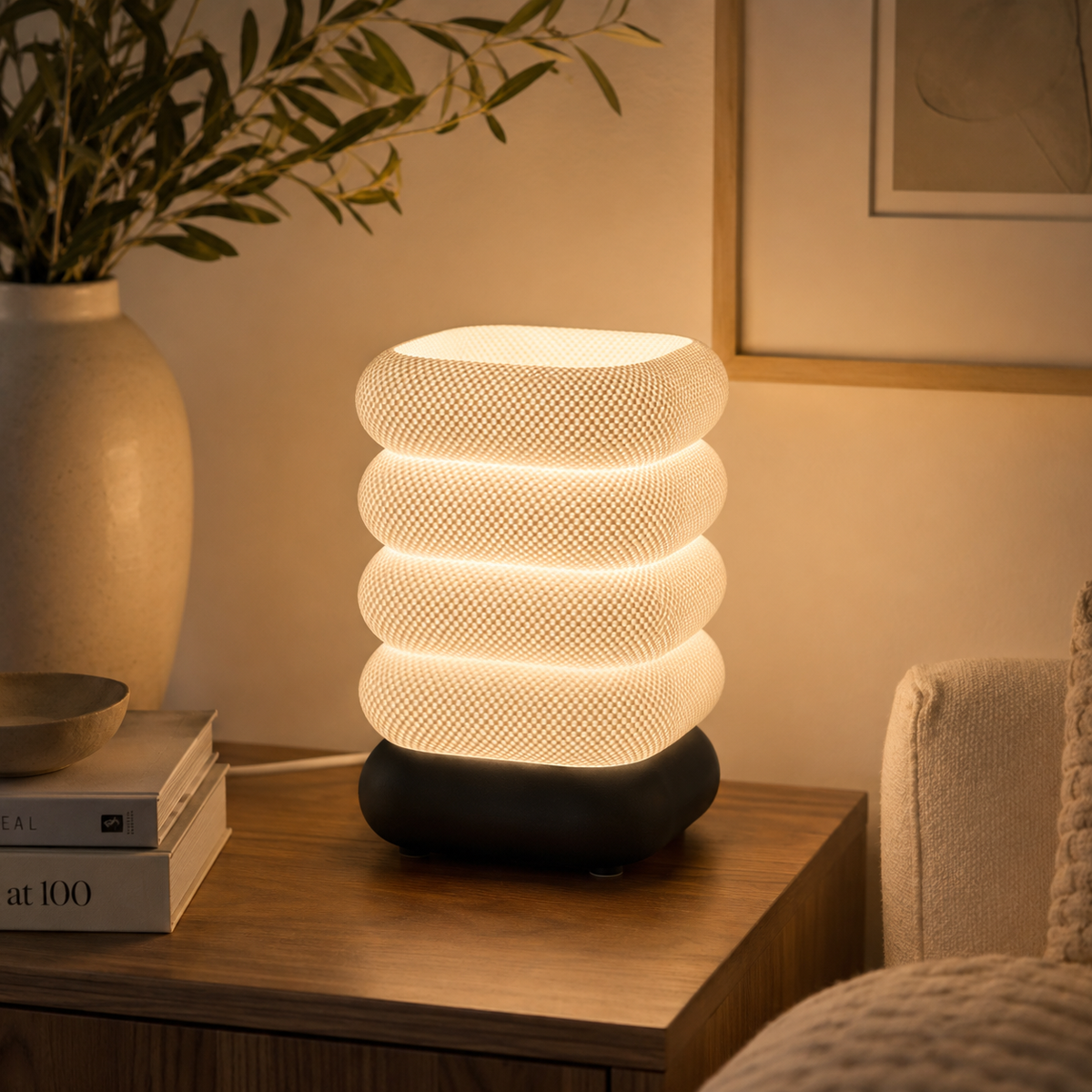 Stacked Bubble Table Lamp in Matte Black glowing on a wooden console table