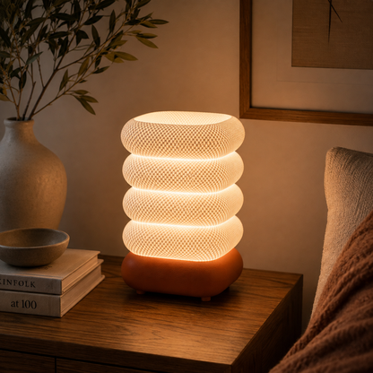 Stacked Bubble Table Lamp in Burnt Rust glowing on a wooden console table