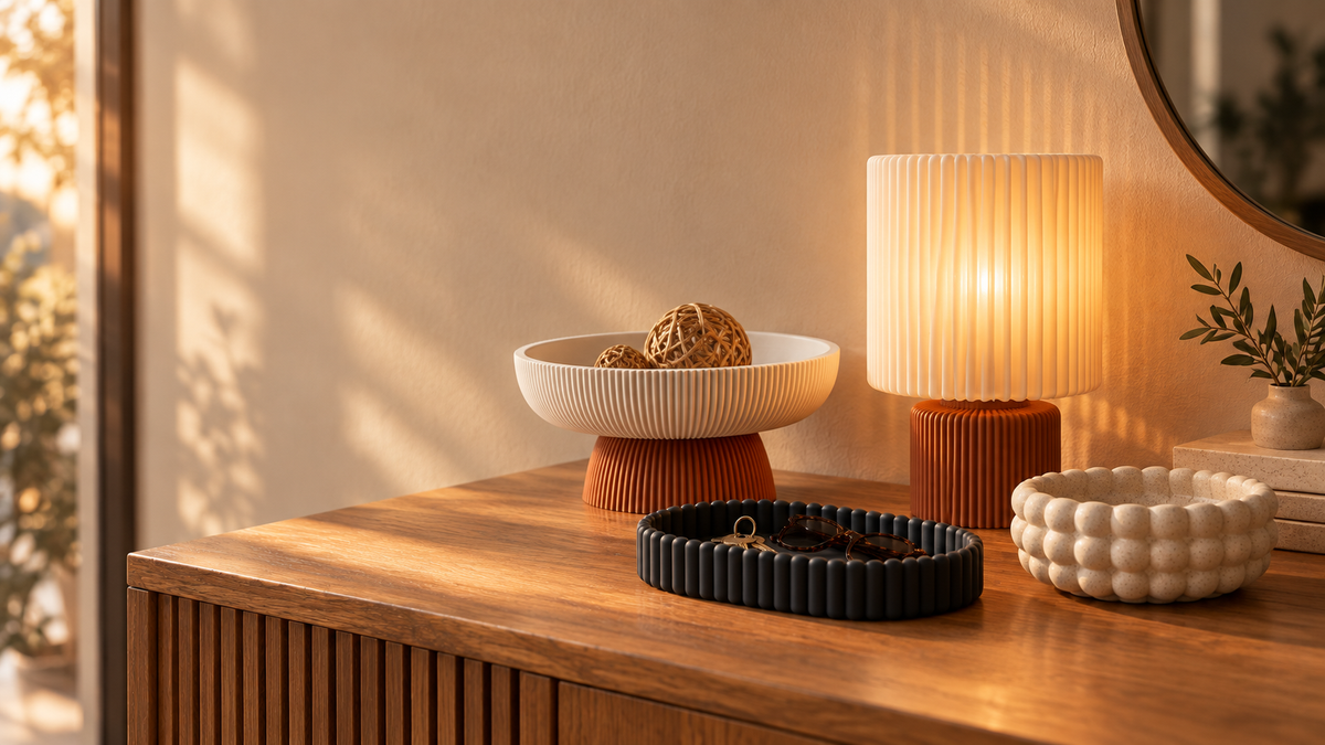 DiyArts sculptural 3D printed home decor on an oak console: a glowing fluted table lamp with honey shade and terracotta base, a white fluted pedestal bowl, a black ribbed catch-all tray and a stone-white bubble bowl