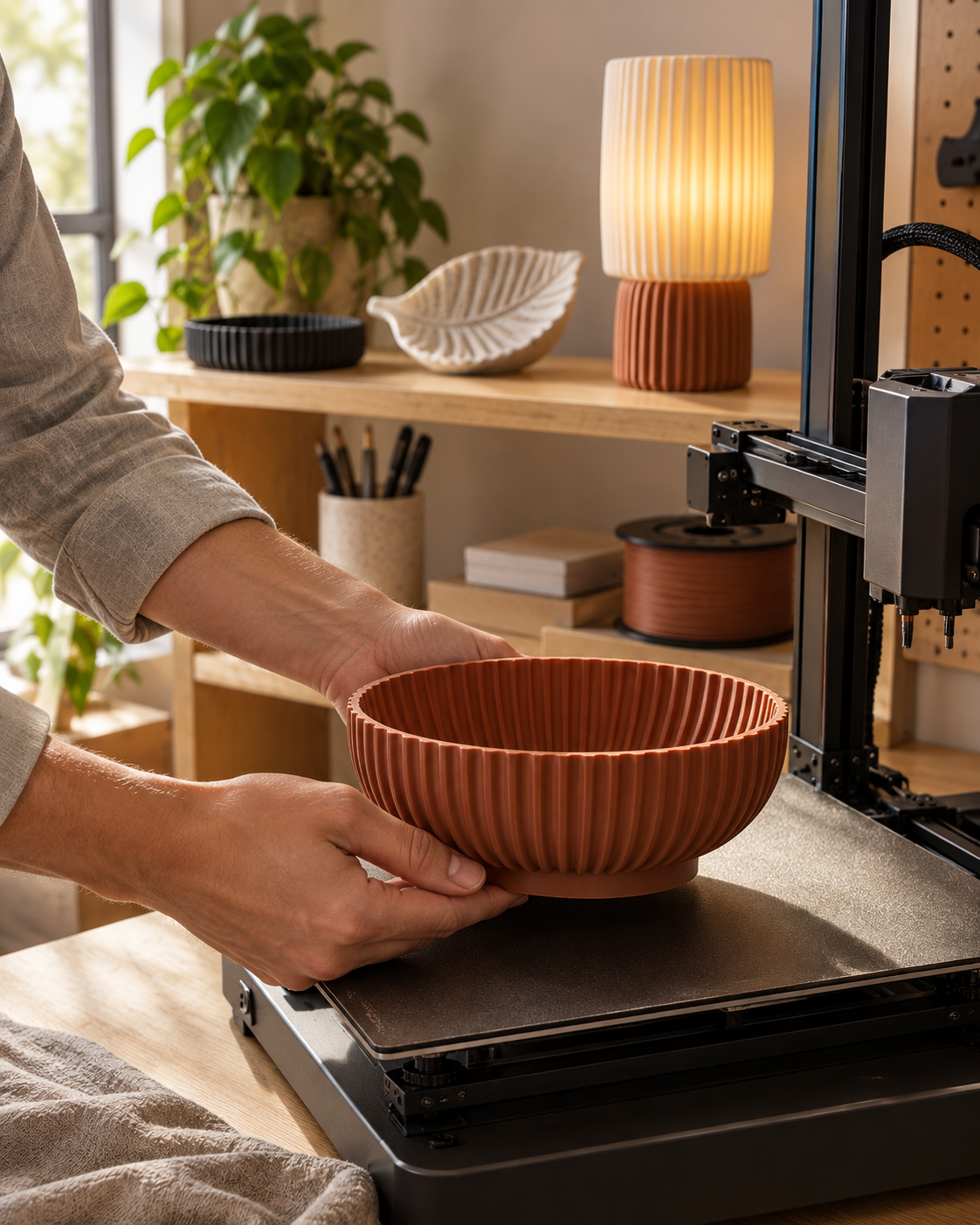 Hands lifting a freshly 3D printed terracotta fluted bowl off the printer in the DiyArts workshop in Louisville, Kentucky, with finished trays and a glowing ribbed lamp on the shelf behind