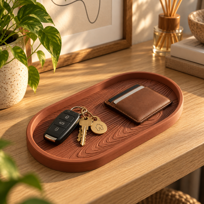 Grain Oval Valet Tray in Burnt Rust holding keys and a leather wallet on an oak entryway console