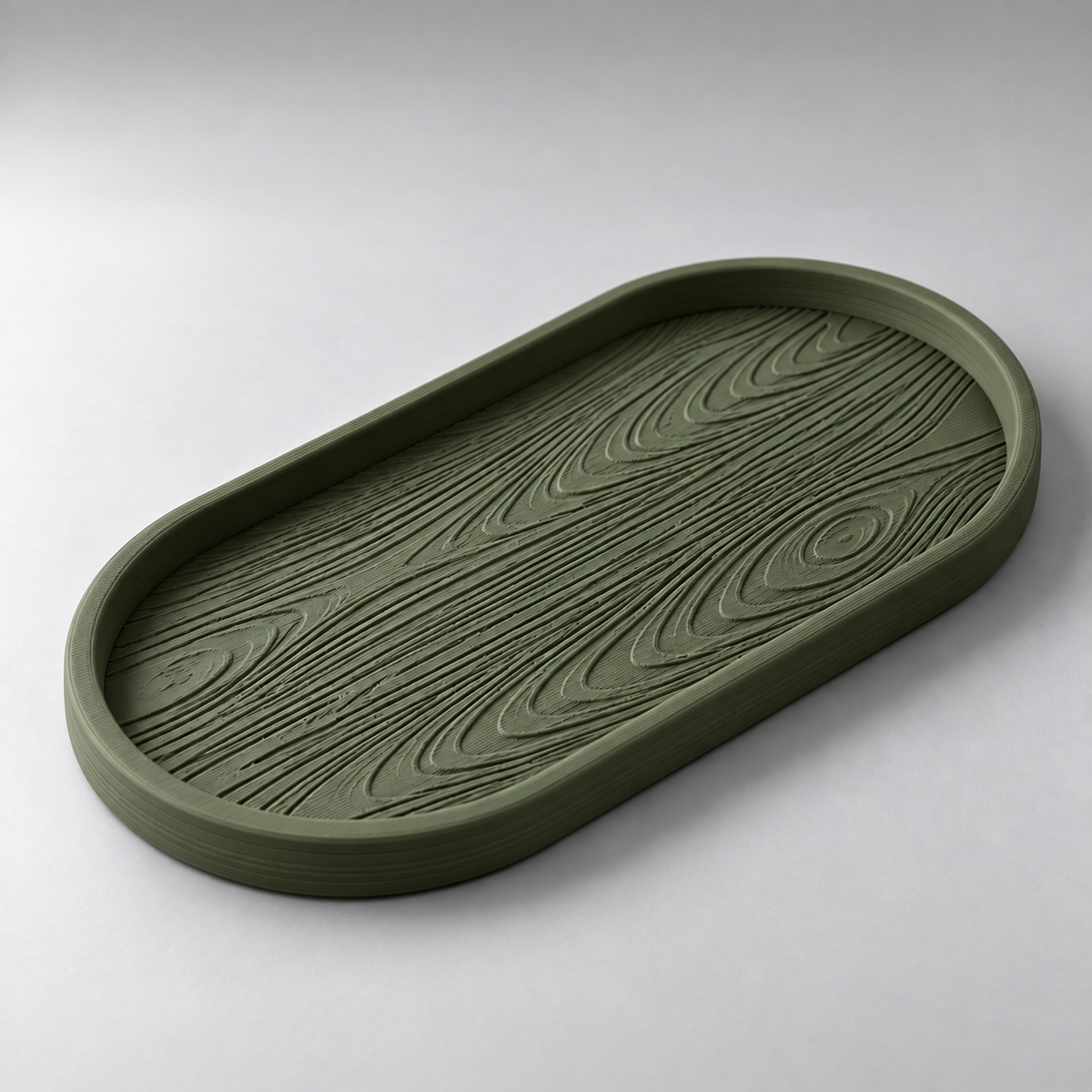 DiyArts Grain Oval Valet Tray in Moss Green, raised wood-grain texture, studio product shot