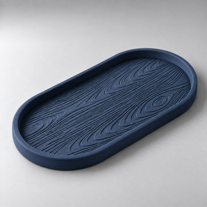 DiyArts Grain Oval Valet Tray in Deep Indigo Blue, raised wood-grain texture, studio product shot