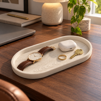 Grain Oval Valet Tray in Jade White holding a watch, earbuds and a ring on a walnut desk