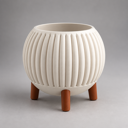 DiyArts Ribbed Planter with Legs in Jade White with burnt rust legs, fluted mid-century plant pot, studio product shot