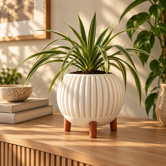 Ribbed Planter with Legs in Jade White holding a small dracaena on an oak sideboard