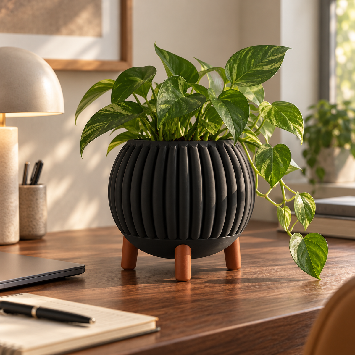 Ribbed Planter with Legs in Matte Black holding a trailing pothos on a walnut desk