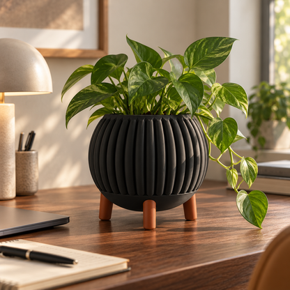 Ribbed Planter with Legs in Matte Black holding a trailing pothos on a walnut desk