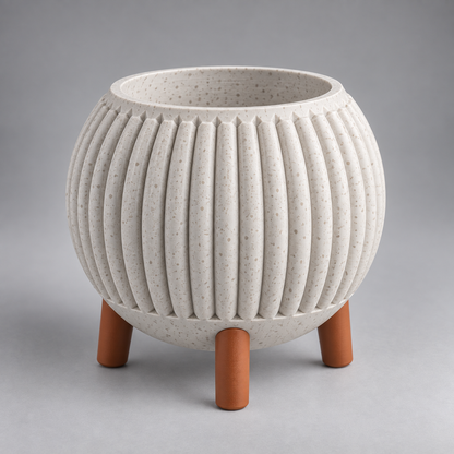 DiyArts Ribbed Planter with Legs in White Marble with burnt rust legs, speckled stone-look finish, studio product shot
