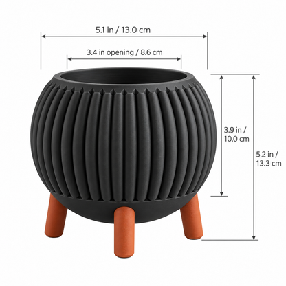 Ribbed Planter with Legs dimensions - 5.1 inches diameter, 3.4 inch opening, 3.9 inch body, 5.2 inches tall on legs