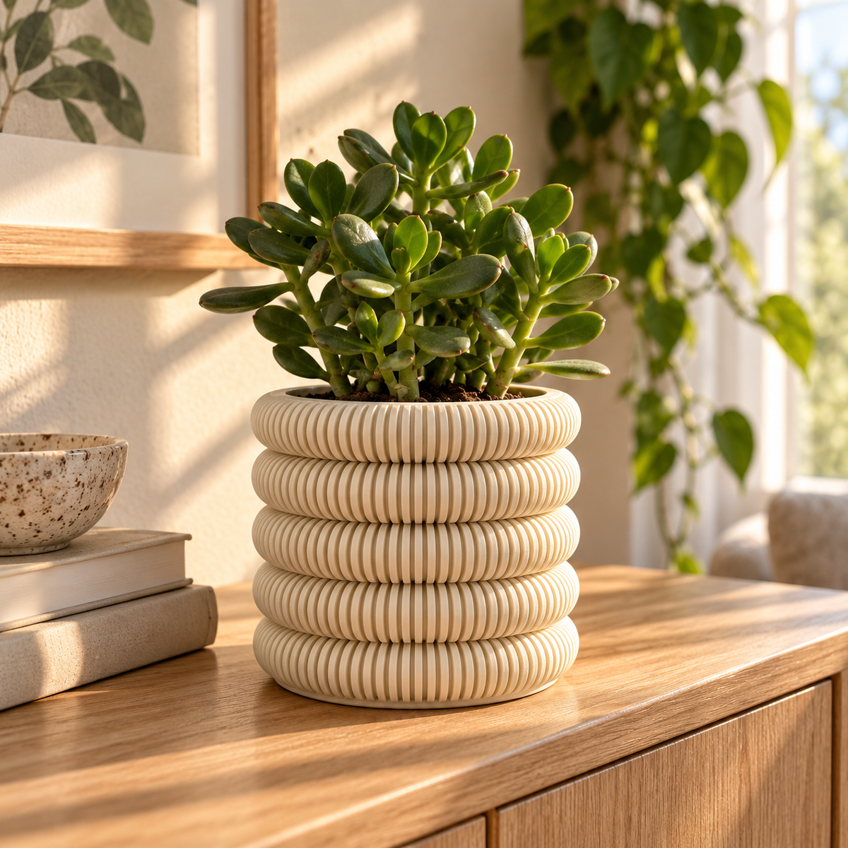 Coin Stack Planter in Jade White holding a jade plant on an oak sideboard