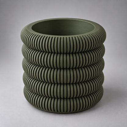 DiyArts Coin Stack Planter with Drip Tray in Moss Green, five stacked ribbed rings, studio product shot