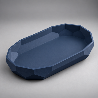DiyArts Facet Oval Catch-All Tray in Deep Indigo Blue, faceted geometric wall, studio product shot