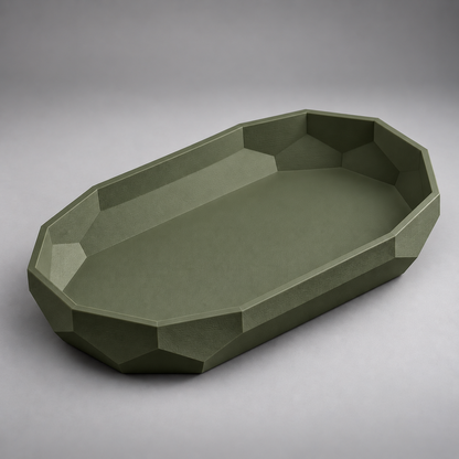 DiyArts Facet Oval Catch-All Tray in Moss Green, faceted geometric wall, studio product shot