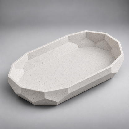 DiyArts Facet Oval Catch-All Tray in White Marble, speckled stone-look finish, studio product shot